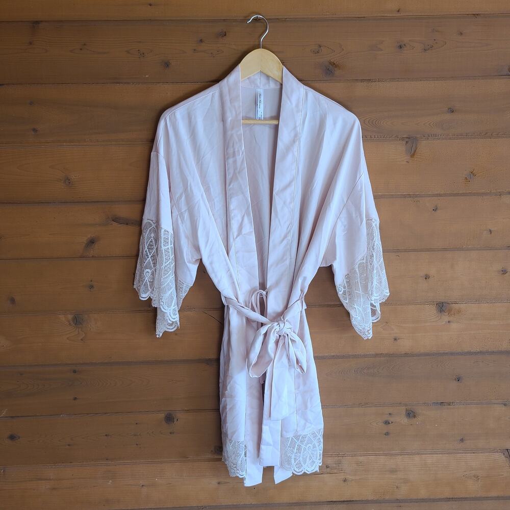 Flora Nikrooz Gabby Satin Robe Pink Lace Charmeuse M Kimono Bridal Lingerie - Picture 2 of 7